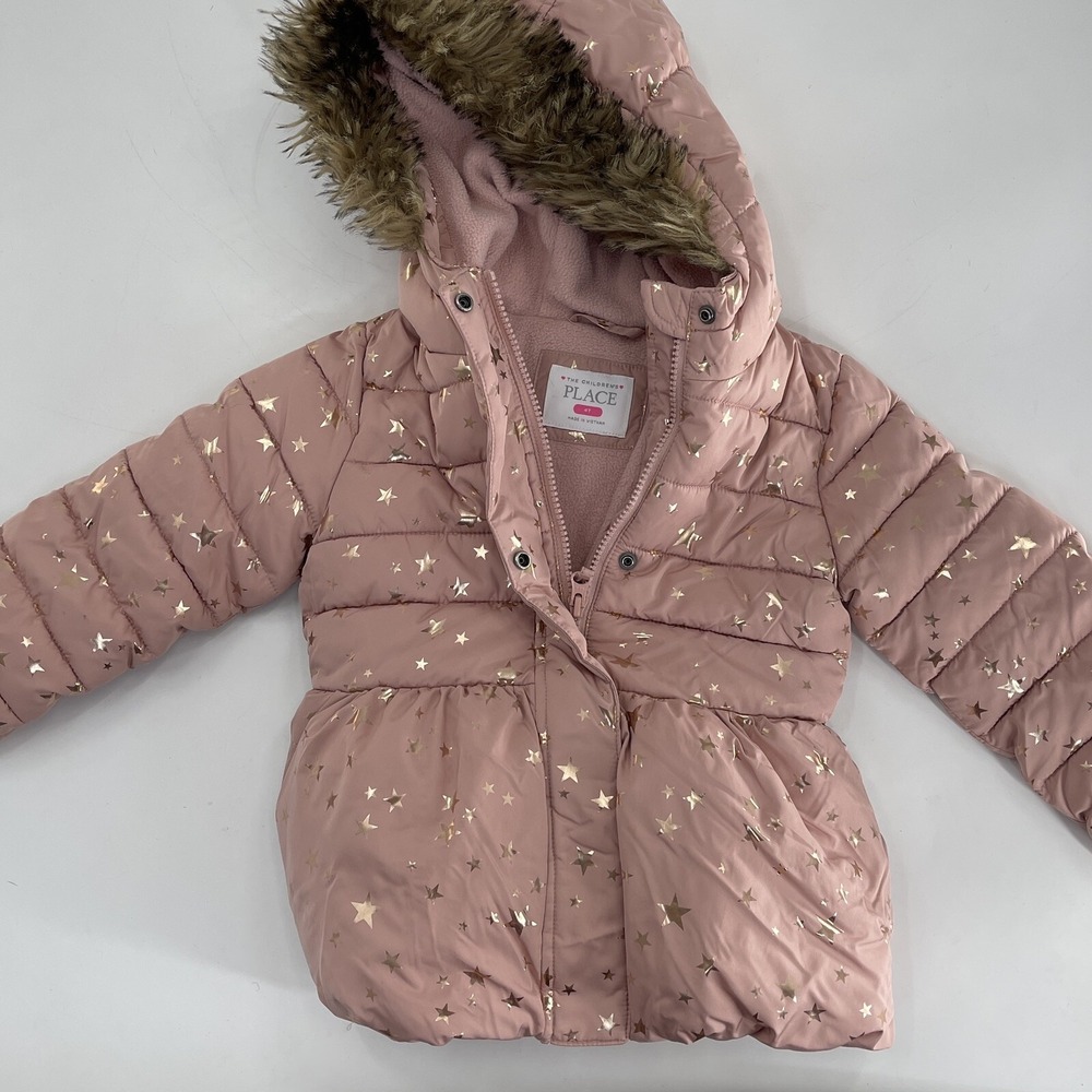 The Childrens Place Girls Pink Metallic Gold Star Puffer Jacket Faux Fur Hood 4T